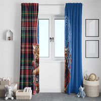 Tall window curtain set: blue Highland cow playing bagpipes beside red tartan plaid
