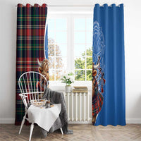 Pair of window curtains: blue bagpipes cow panel and red-green tartan plaid panel