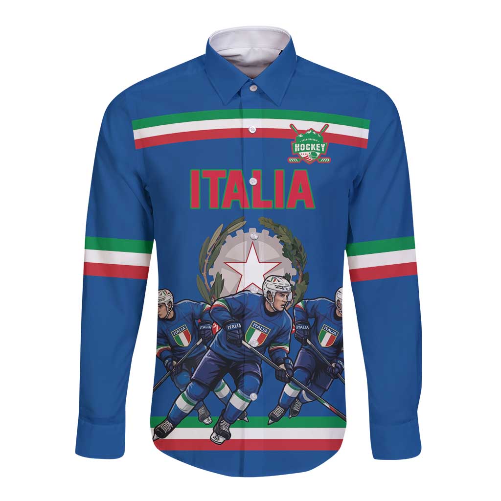 Italy Hockey Custom Long Sleeve Button Shirt Italia Hockey Pride Vintage Blue