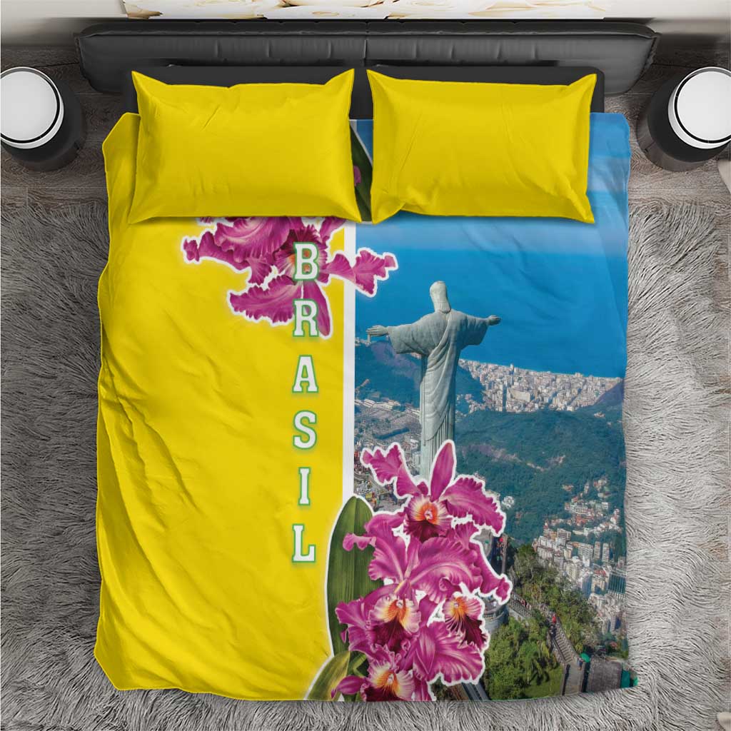 Yellow and blue bedding set with magenta orchids, Christ statue, and yellow pillowcases