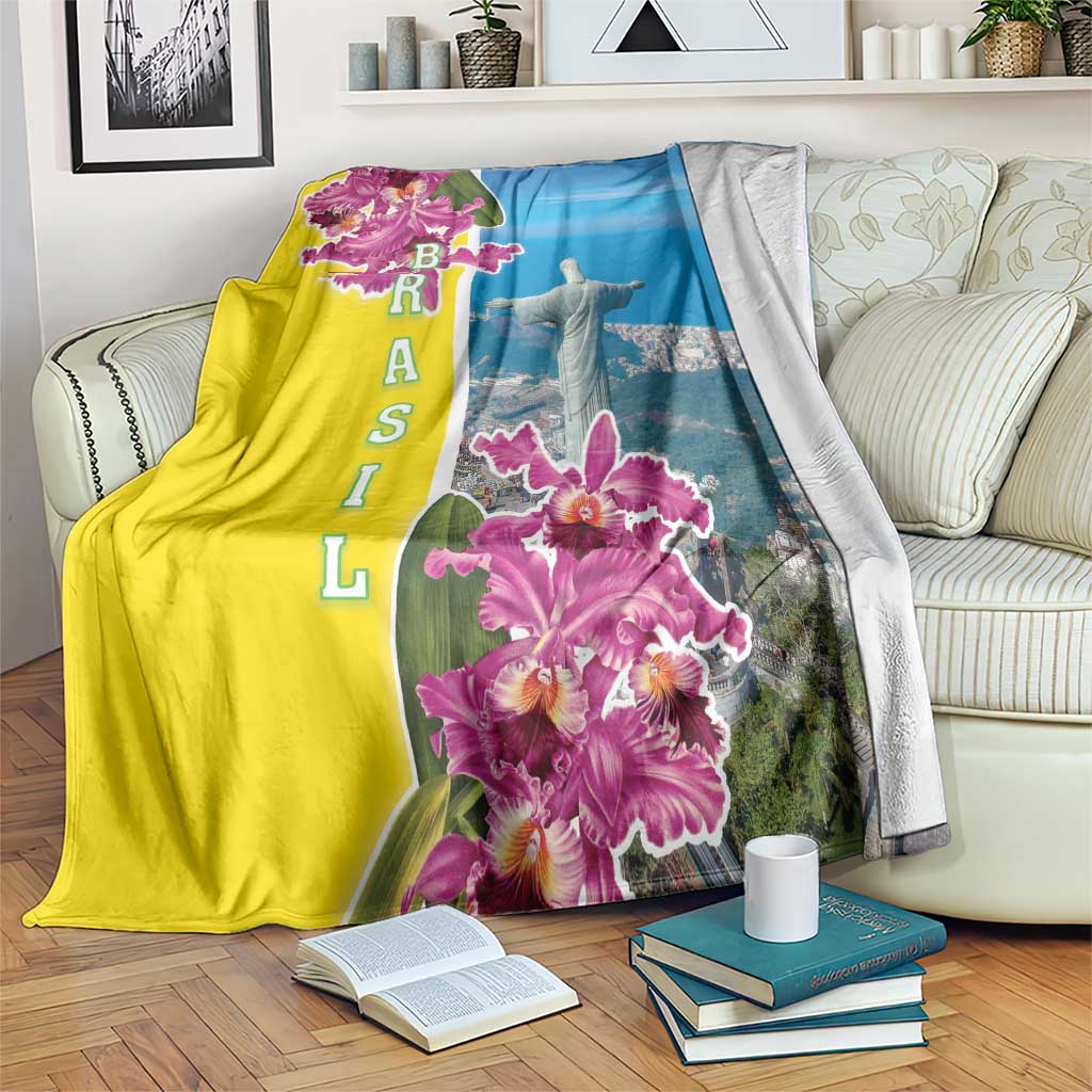 Brazil flag style blanket with pink orchid blooms and Christ the Redeemer graphic