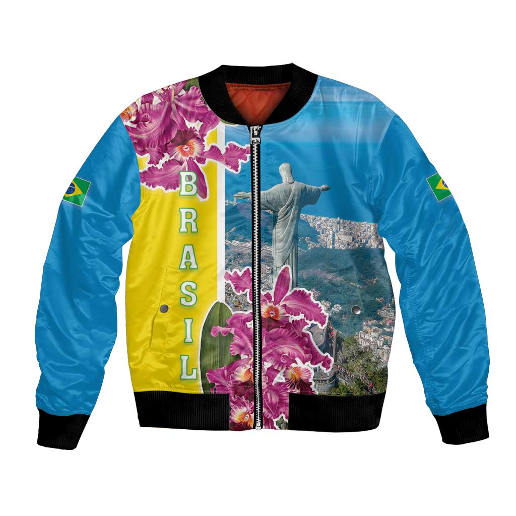 Unisex blue bomber jacket with zip front, Brazil flag accents, flowers and Christ graphic