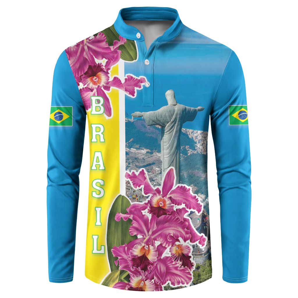 Blue henley sweatshirt with button placket and Brazil flag floral graphic.