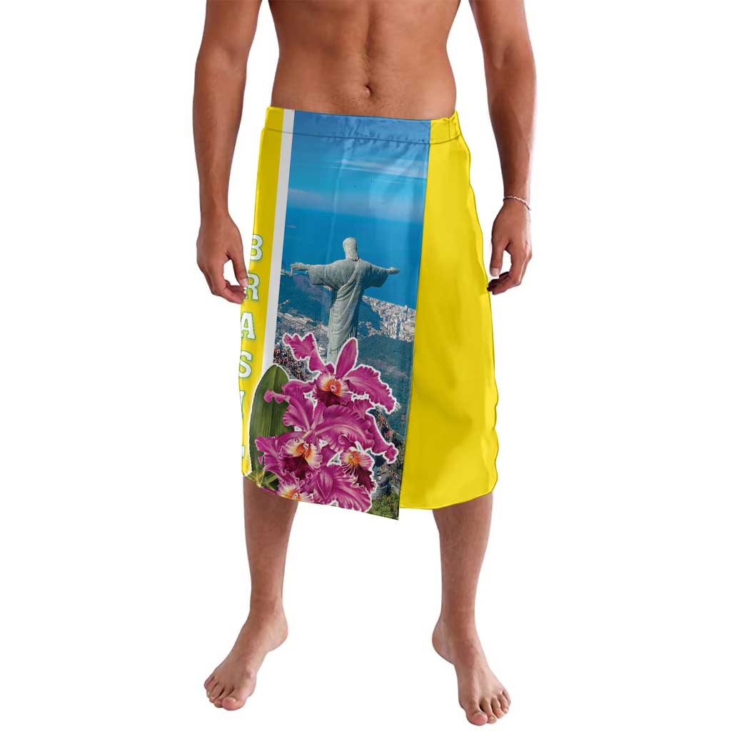 Knee-length men's swim skirt with elastic waistband, blue and yellow floral graphic