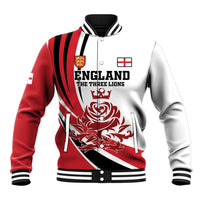 Red/white England baseball jacket, black stripe sleeves, snap-button front, stand collar