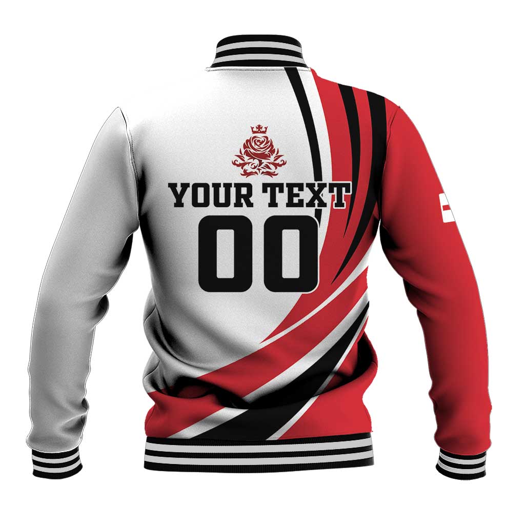 Red and white baseball jacket back with 'YOUR TEXT 00' print, black stripes, collar
