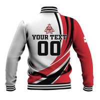 Red and white baseball jacket back with 'YOUR TEXT 00' print, black stripes, collar