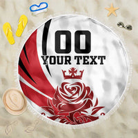 Red/white/black England flag beach blanket, circular fringed with custom text design