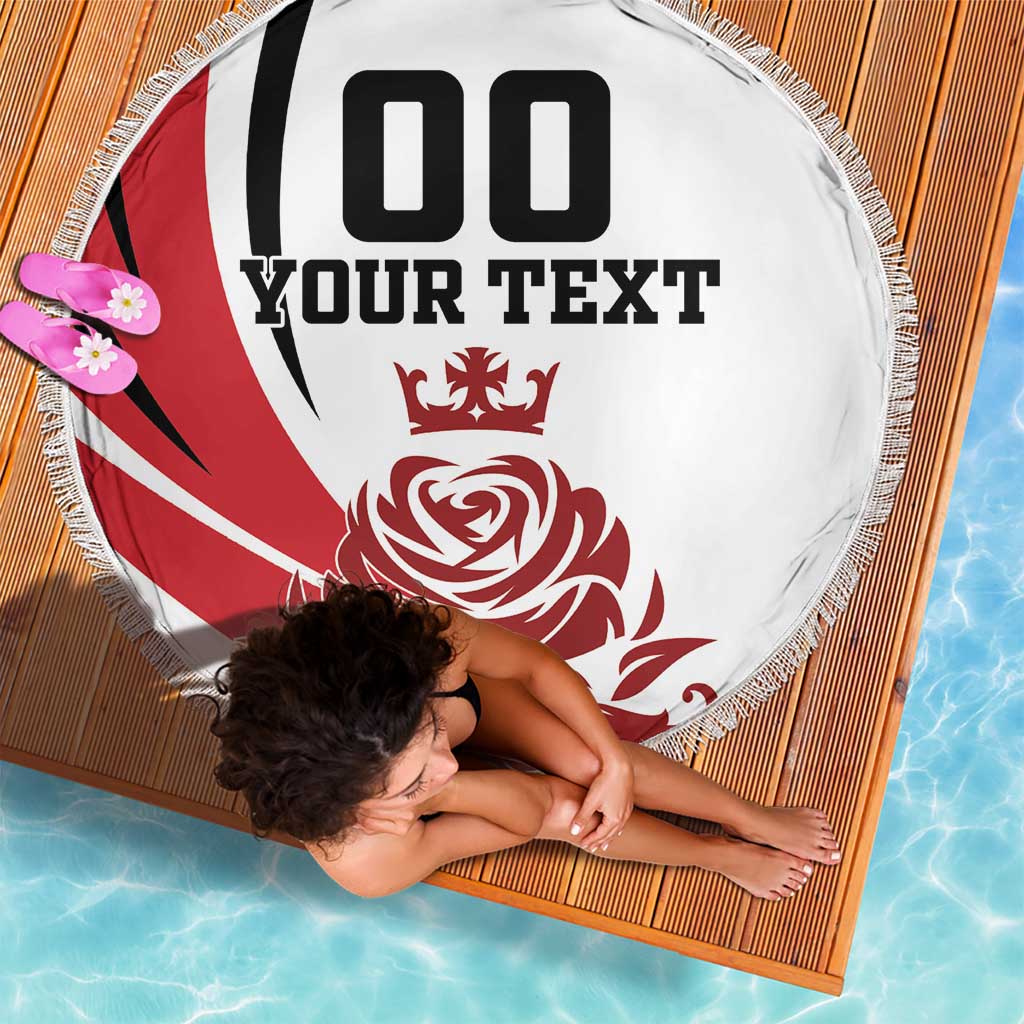 Red/white/black England flag beach blanket, circular fringed with 'YOUR TEXT' and crown
