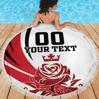 Circular fringed beach blanket with England flag, rose graphic and 'YOUR TEXT' center