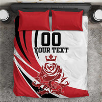 Top view: red and white duvet cover set with black '00 YOUR TEXT' crest and rose graphic