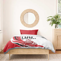 Red and white duvet cover with black '00 YOUR TEXT' crest and rose graphic, two red pillows