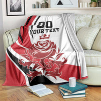 Custom England football blanket on a sofa showing 00 YOUR TEXT, crest, and red rose