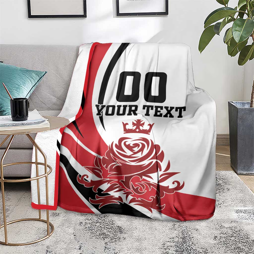 Custom England football blanket on a grey sofa with red black stripes and 00 YOUR TEXT