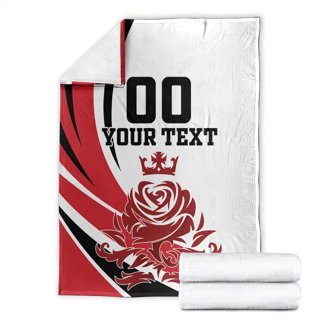 Custom England football blanket folded with diagonal red black stripes, 00 YOUR TEXT, crest