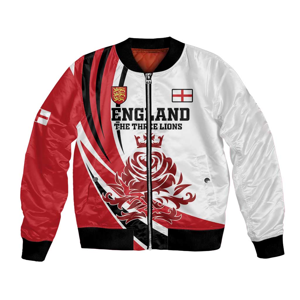 Red, white and black varsity bomber jacket with zip front, ribbed hem and cuffs