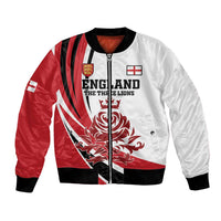 Red, white and black varsity bomber jacket with zip front, ribbed hem and cuffs