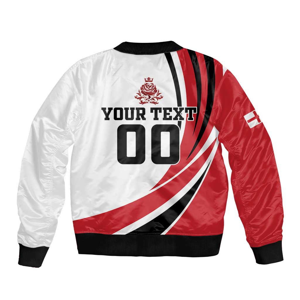 White and red back bomber jacket with 'YOUR TEXT 00' and ribbed cuffs, hem