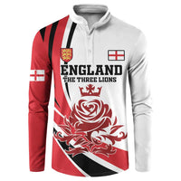 Red, white and black button sweatshirt with England crest and lion graphic, long sleeves