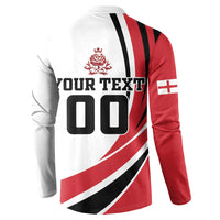 Back of red and white button sweatshirt with black stripes, lion crest and large '00'