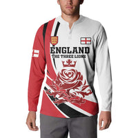 Red, white and black button sweatshirt with England crest, Three Lions graphic, long sleeves