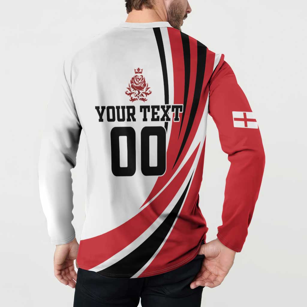 Back view red and white button sweatshirt with England crest and 'YOUR TEXT 00' print
