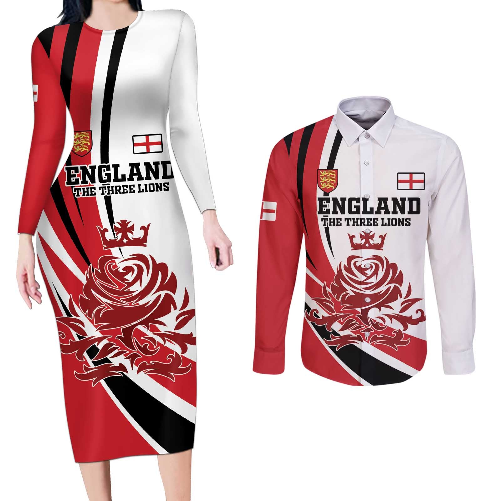 Custom England Football Couples Matching Long Sleeve Bodycon Dress and Long Sleeve Button Shirt Simple Style - Wonder Print Shop