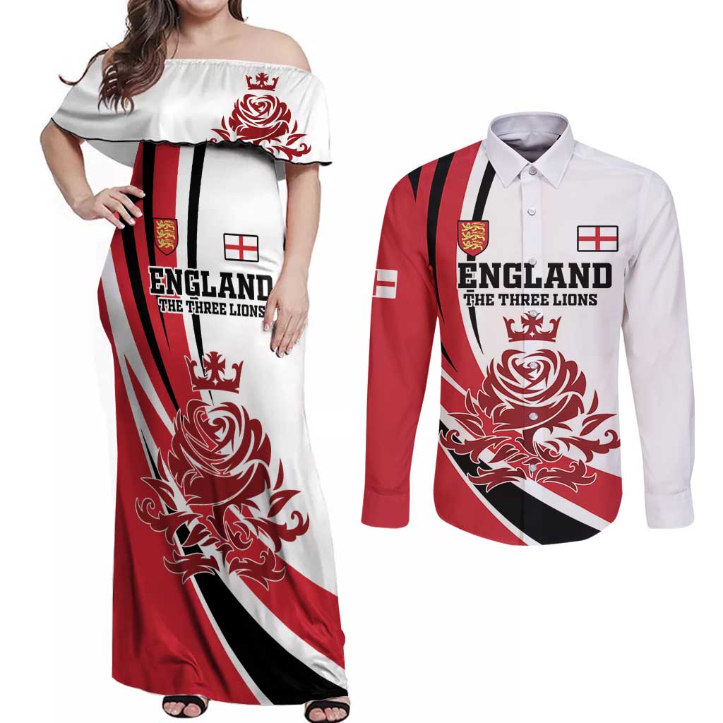 Custom England Football Couples Matching Off Shoulder Maxi Dress and Long Sleeve Button Shirt Simple Style - Wonder Print Shop