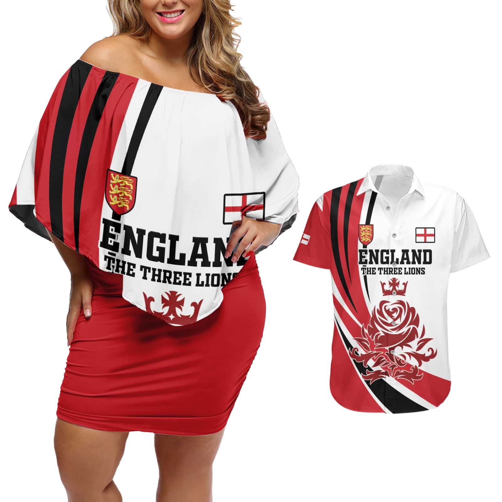 Custom England Football Couples Matching Off Shoulder Short Dress and Hawaiian Shirt Simple Style - Wonder Print Shop