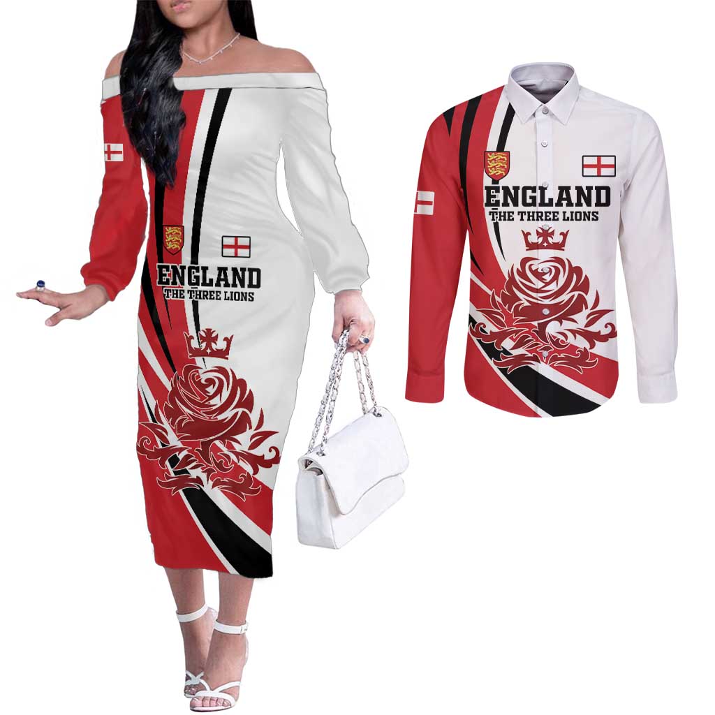 Custom England Football Couples Matching Off The Shoulder Long Sleeve Dress and Long Sleeve Button Shirt Simple Style