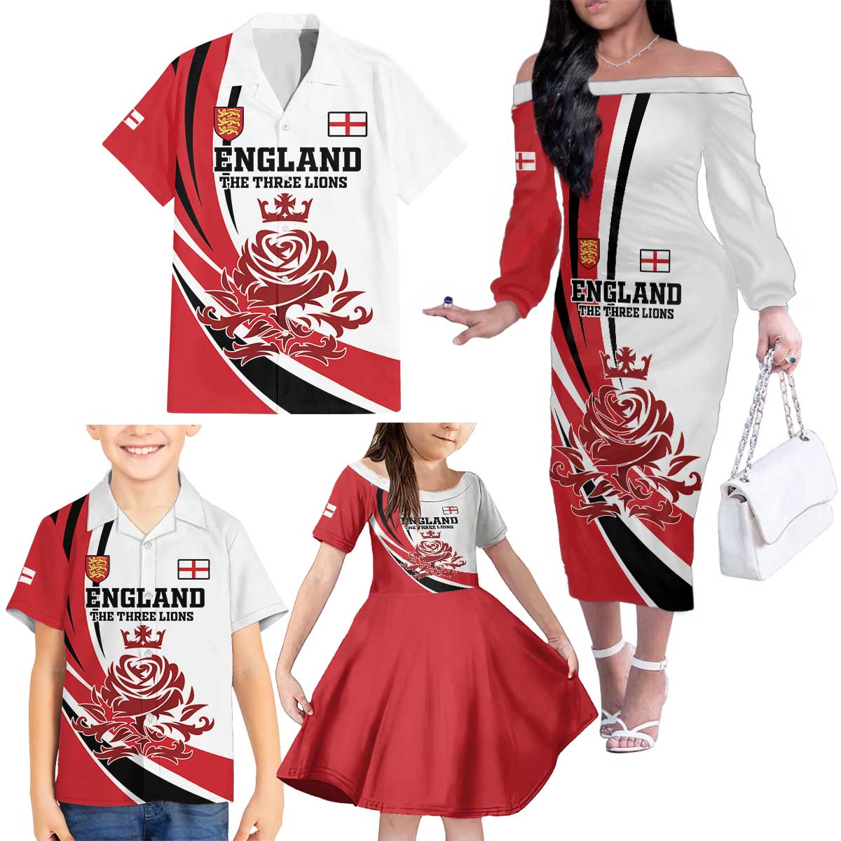 Custom England Football Family Matching Off The Shoulder Long Sleeve Dress and Hawaiian Shirt Simple Style - Wonder Print Shop