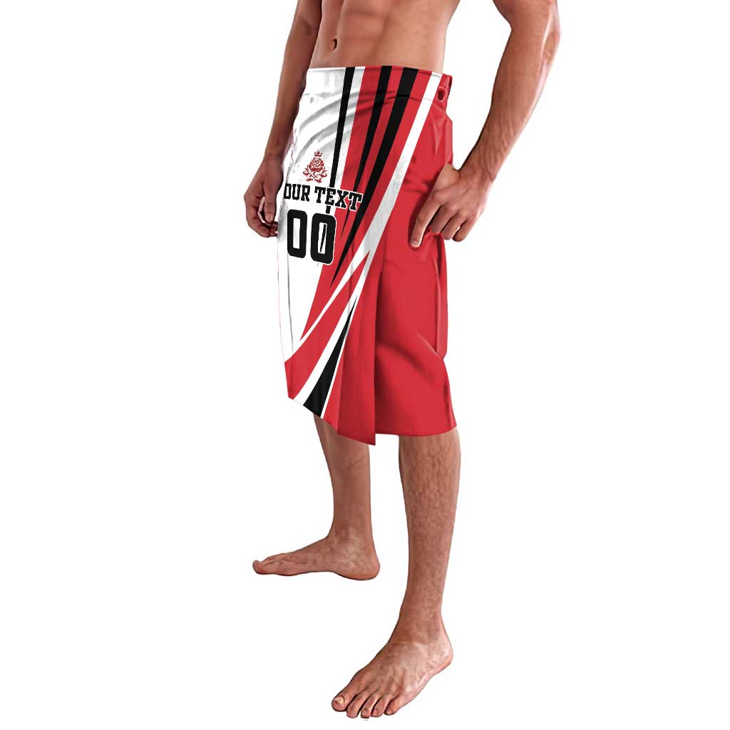 Red and white lavalava wrap skirt with black stripes, crest, and number 00