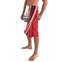 Red and white lavalava wrap skirt with black stripes, crest, and number 00