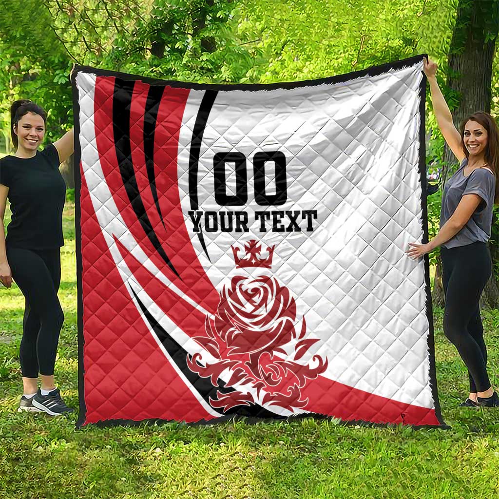 Quilted outdoor blanket with red, white, and black diagonal stripes and '100 YOUR TEXT'