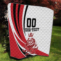 Quilted blanket featuring red-and-white diagonal stripes with '100 YOUR TEXT' design