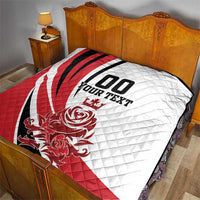 Quilted bed blanket with red and white diagonal panel, black stripes, and '100 YOUR TEXT'