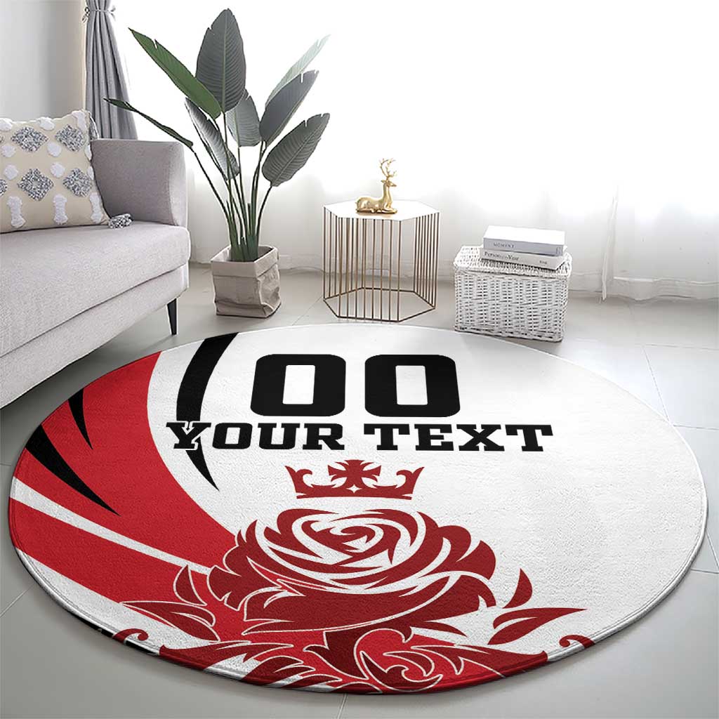 Round red and white carpet with black "YOUR TEXT" and ornate rose emblem