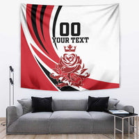 England football tapestry with red-and-black graphic, '100' and 'YOUR TEXT' rose emblem