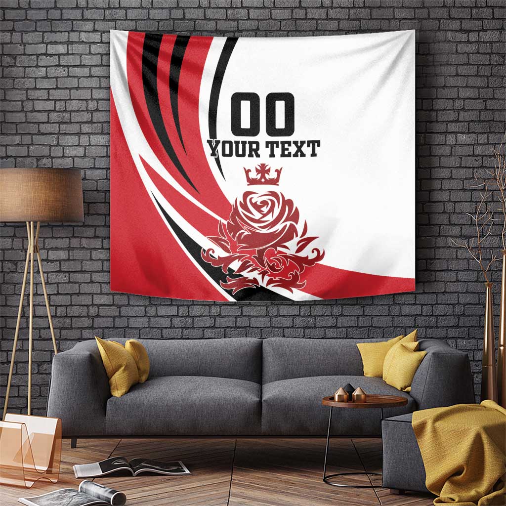 England football tapestry with red-and-black swoosh, '100' and 'YOUR TEXT' rose design
