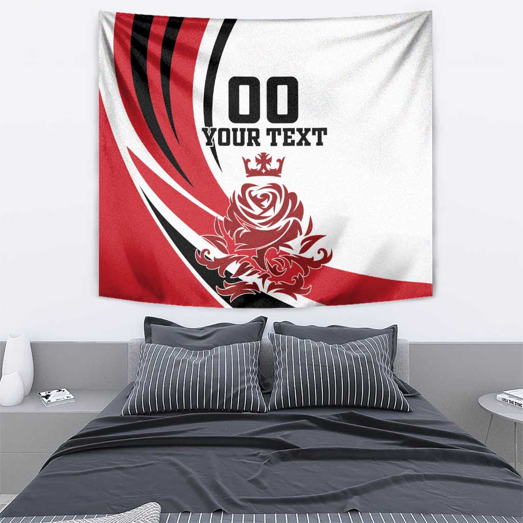 England football tapestry showing '100' and 'YOUR TEXT' over red-and-white crest
