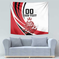 England football tapestry with red-and-black stripes, '100' and 'YOUR TEXT' logo