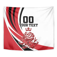 England football tapestry close-up: red-and-black stripes, '100' and 'YOUR TEXT' rose