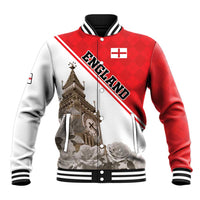 Baseball jacket with red and light gray sleeves, striped collar, Big Ben graphic front.