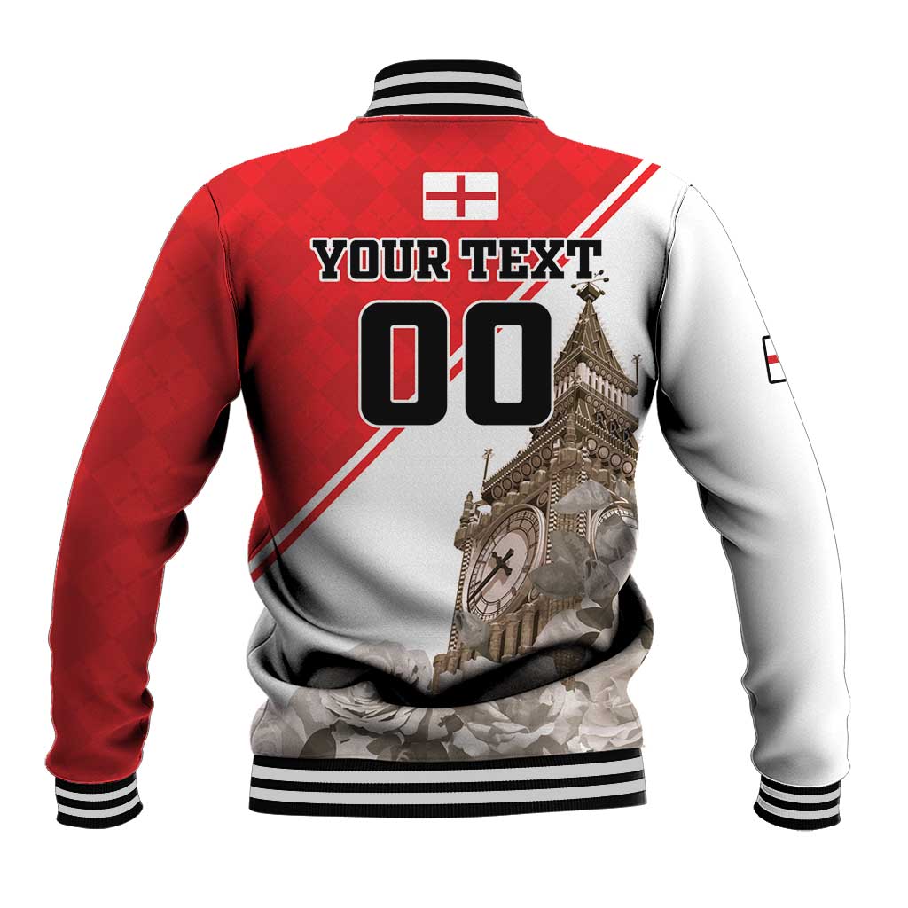 Baseball jacket back view with red-and-light gray design, "YOUR TEXT 00" and Big Ben art.