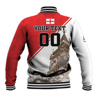Baseball jacket back view with red-and-light gray design, "YOUR TEXT 00" and Big Ben art.