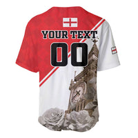 Back of red and white baseball jersey with YOUR TEXT 00, cross emblem, Big Ben and roses.