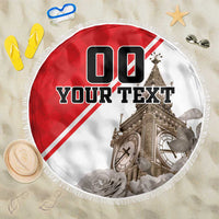 Round beach blanket with fringe, Big Ben scene with roses and 'YOUR TEXT' on red/white.