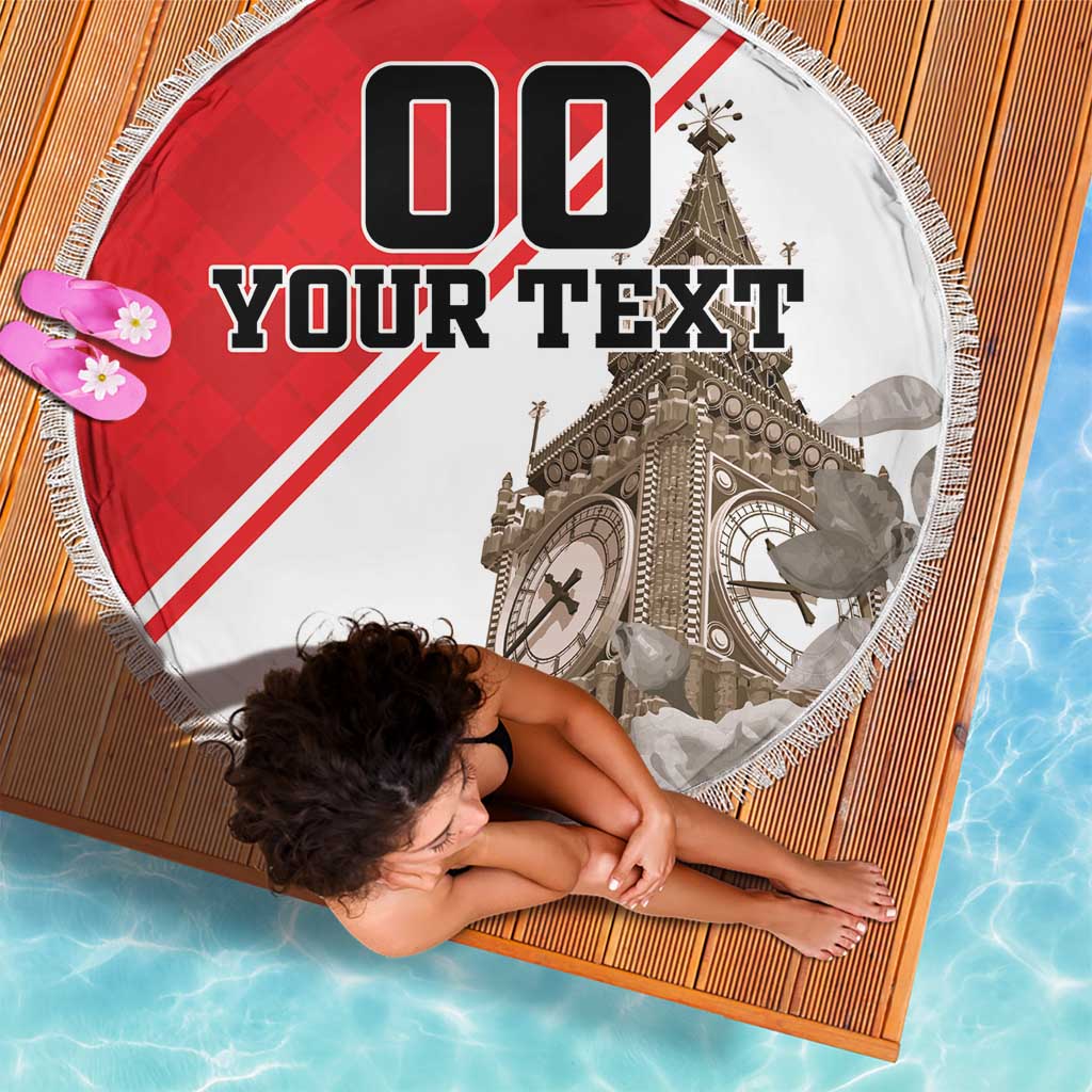 Round beach blanket with fringe, Big Ben print and 'YOUR TEXT' on red check center.