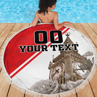 Red and white round beach blanket with fringe, Big Ben graphic and 'YOUR TEXT'.