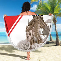 Round beach blanket with fringe, red and white Big Ben design and 'YOUR TEXT'.